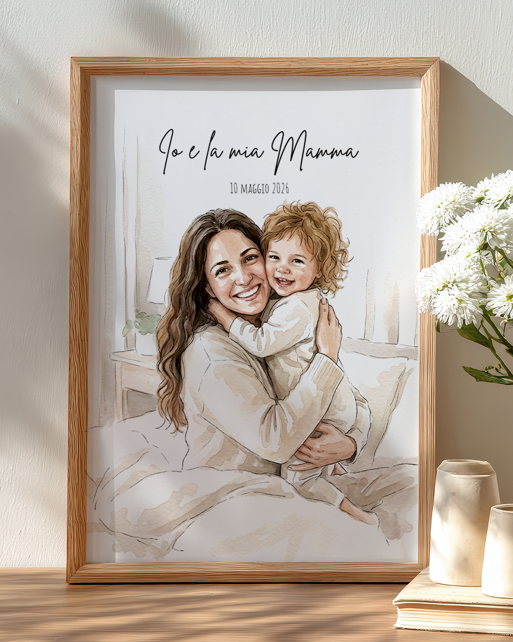 Ritratto personalizzato effetto acquerello da foto mamma con data e dedica — idea regalo Festa della Mamma