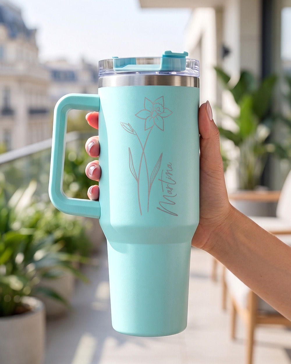 borraccia termica personalizzata 1,2 litri con nome e fiore del mese idea regalo donna amica compleanno estate