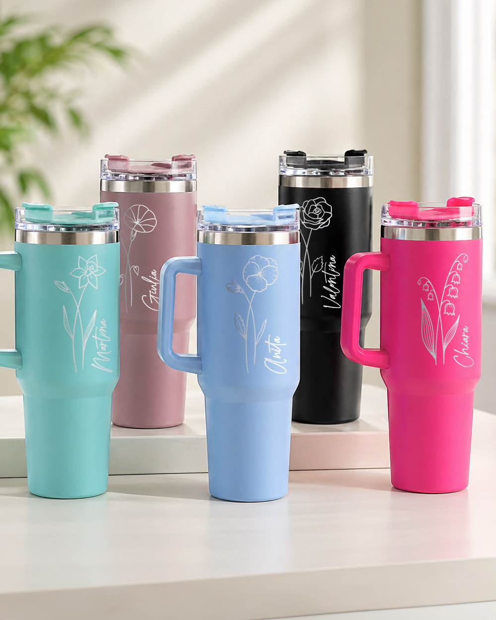 12 fiori del mese incisi su tumbler termico personalizzato bucaneve rosa mughetto narciso