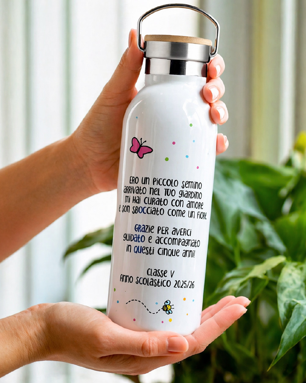 Kit regalo fai da te per borraccia personalizzata maestra – busta kraft nastrino stickers