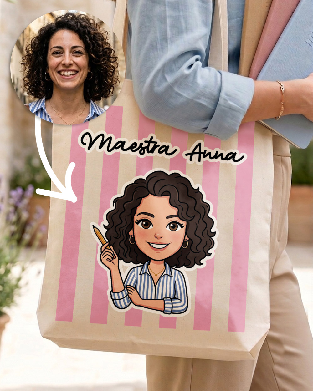 borsa personalizzata avatar maestra regalo fine anno scolastico cotone organico padova
