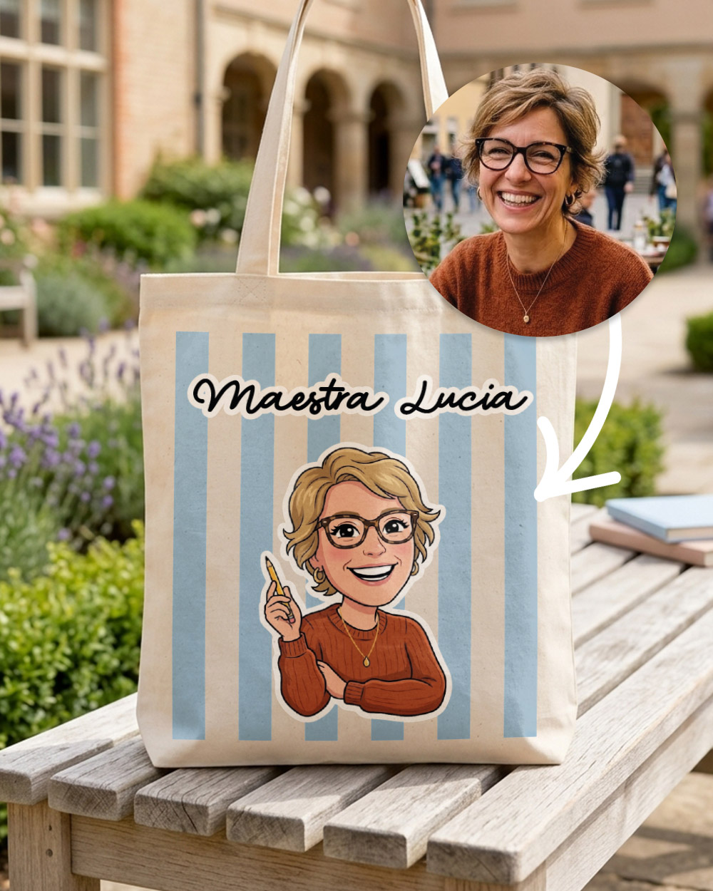 borsa shopper ritratto maestra personalizzata regalo classe fine anno scolastico