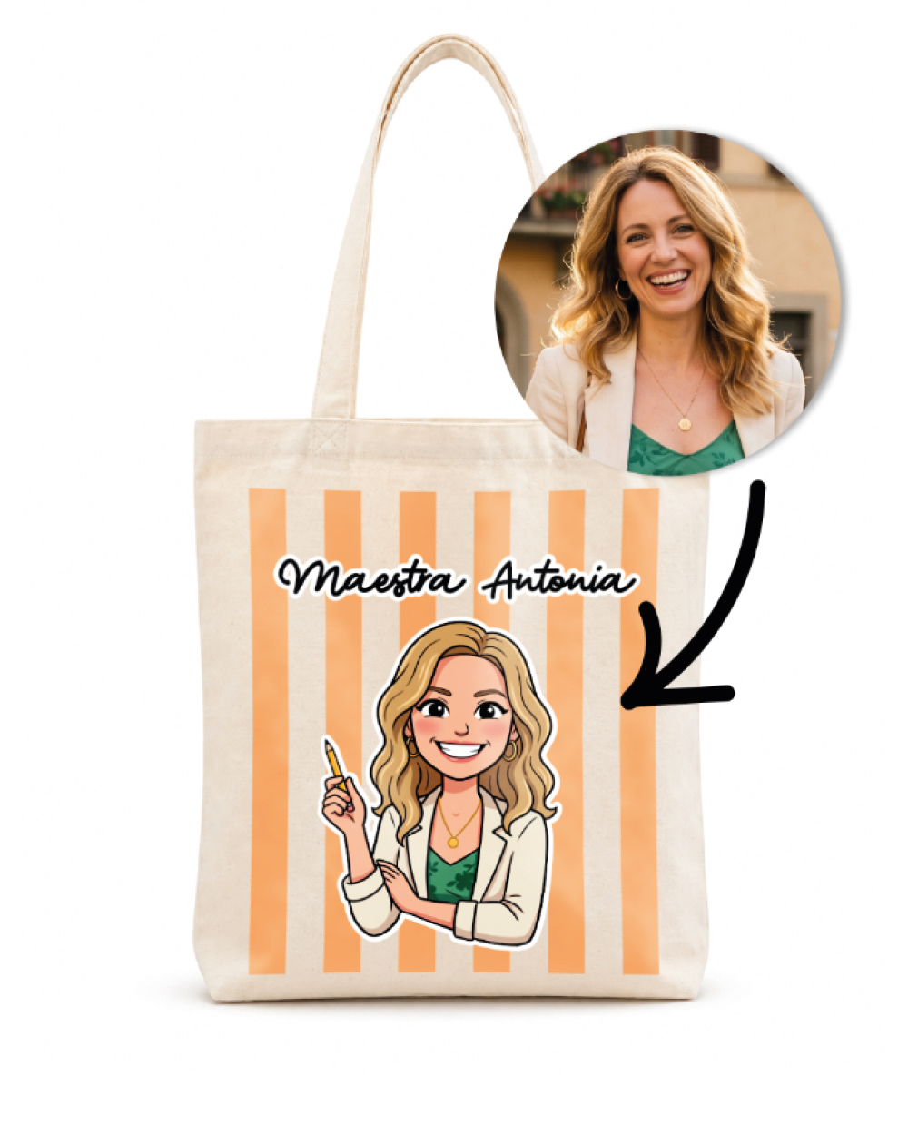 borsa personalizzata maestra avatar ritratto colori sfondo azzurro verde arancione rosa