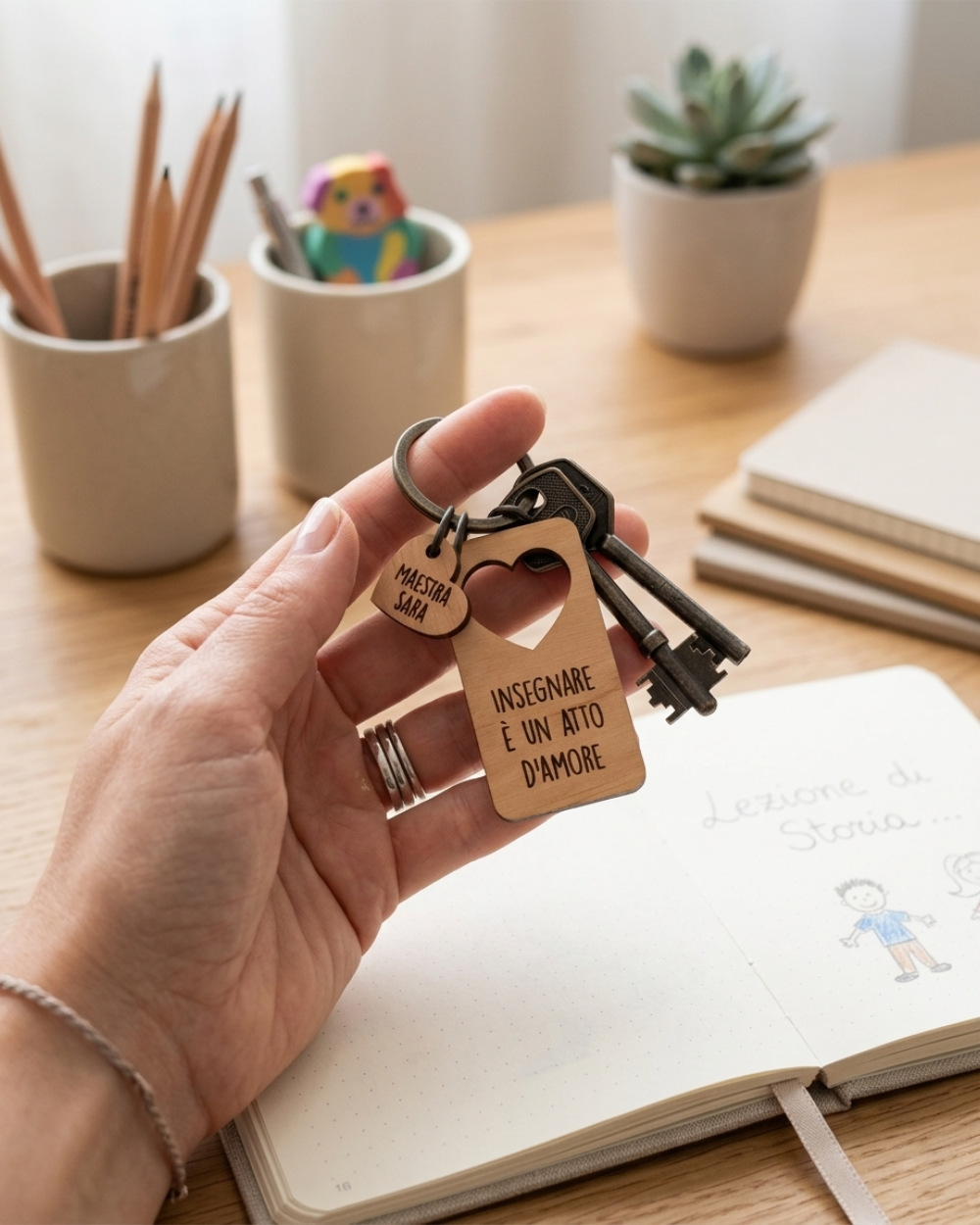 portachiavi legno personalizzato per maestra con cuoricino e dedica incisa