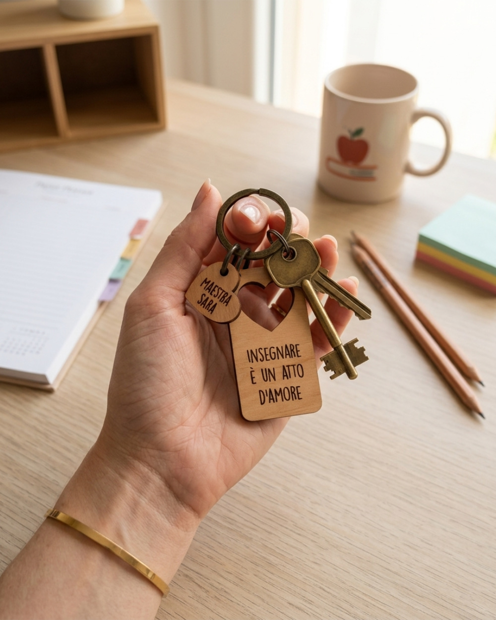 portachiavi personalizzato legno regalo maestra fine anno dettaglio incisione