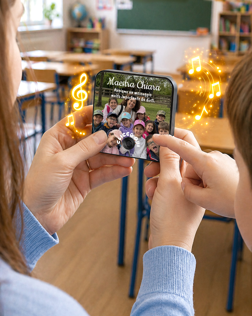 Calamita personalizzata maestra foto intera - nome maestra e frase dedica stampati sopra la foto - regalo fine anno elementari