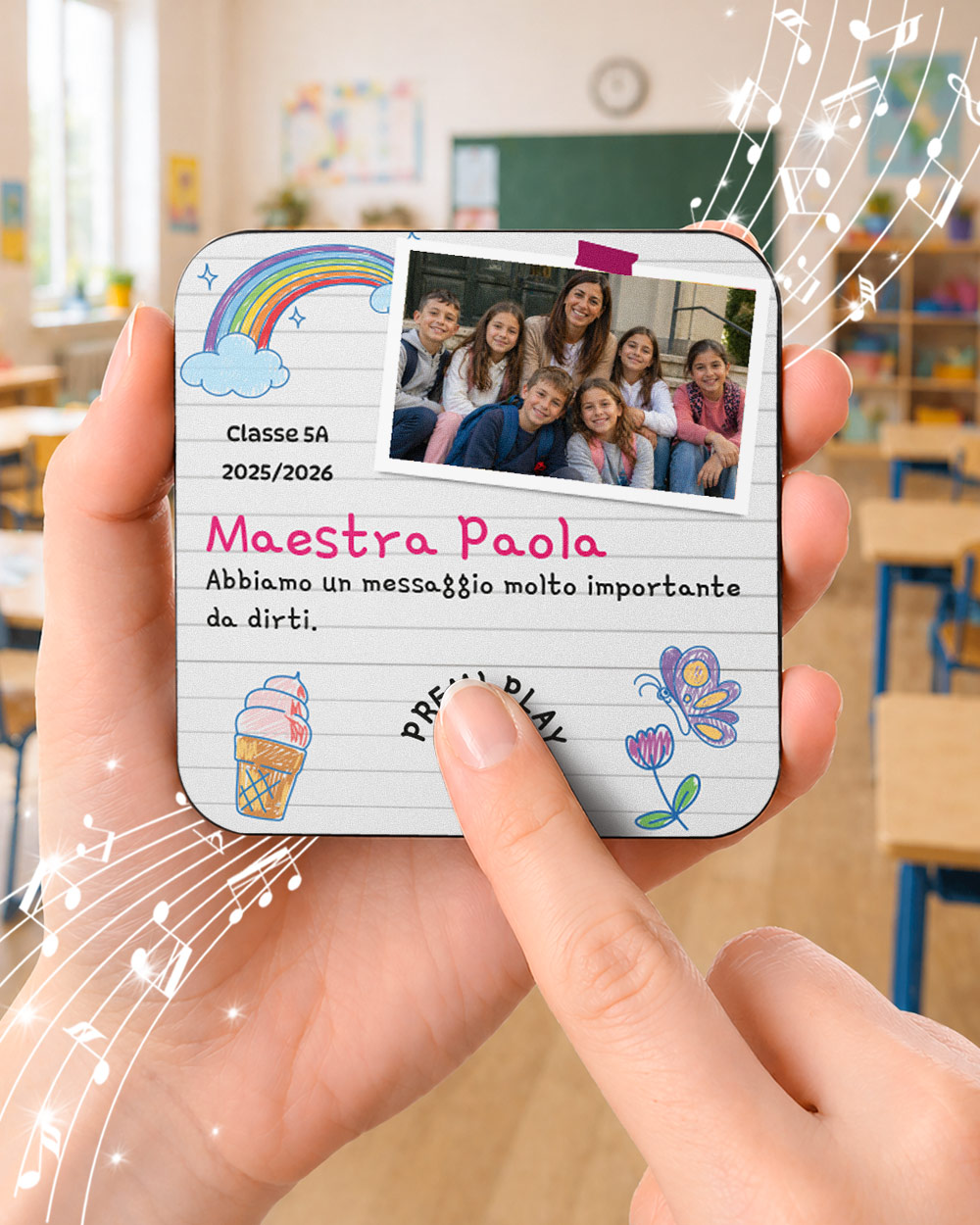 Calamita musicale personalizzata per la maestra con foto della classe e nome in fucsia - idea regalo fine anno scolastico
