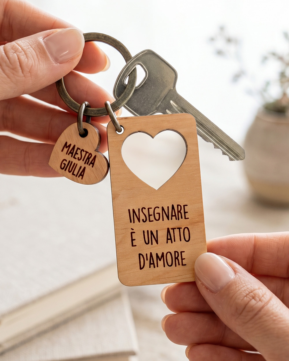 portachiavi in legno personalizzato per la maestra con cuore inciso e nome