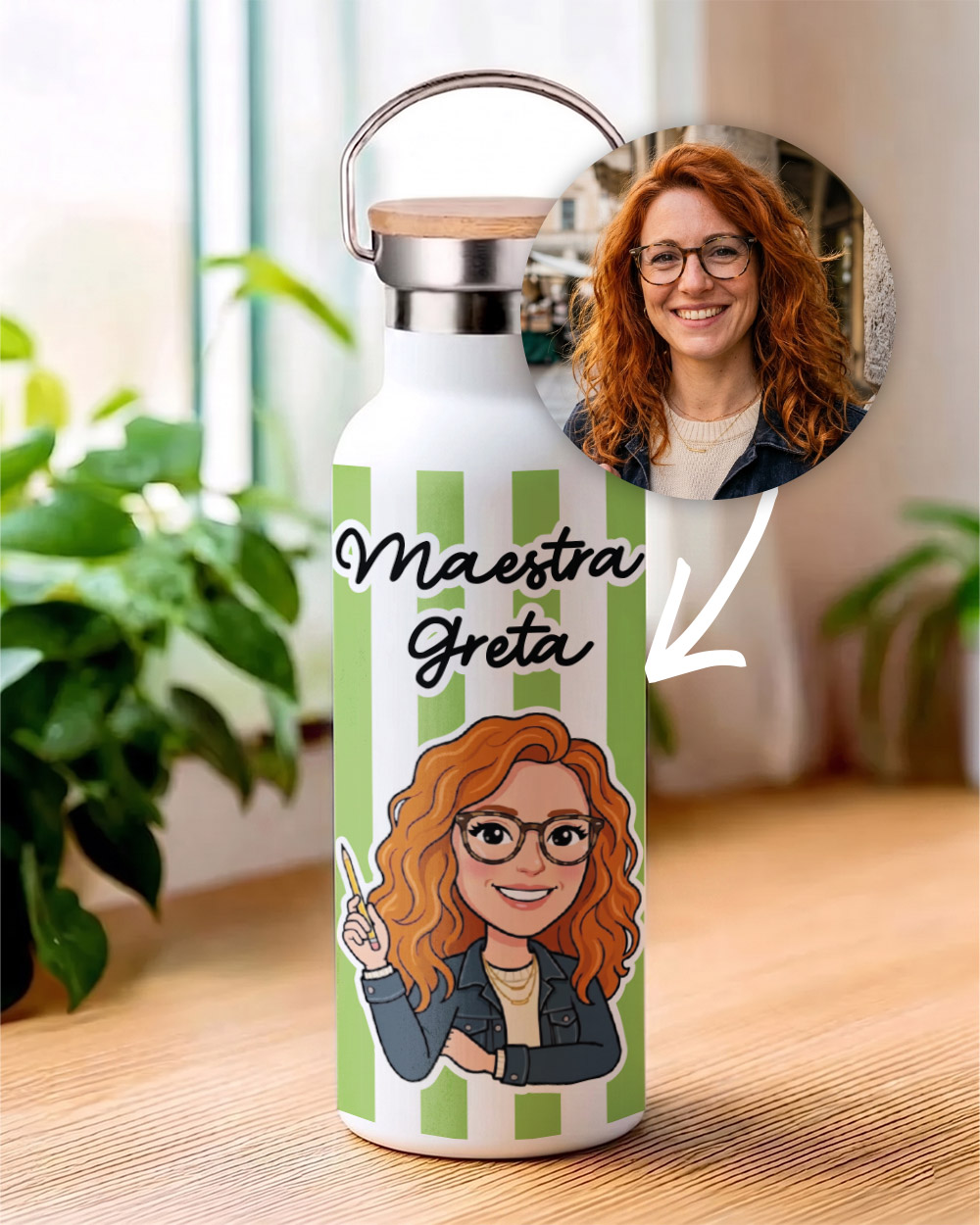 borraccia personalizzata maestra con avatar nome idea regalo fine anno scolastico