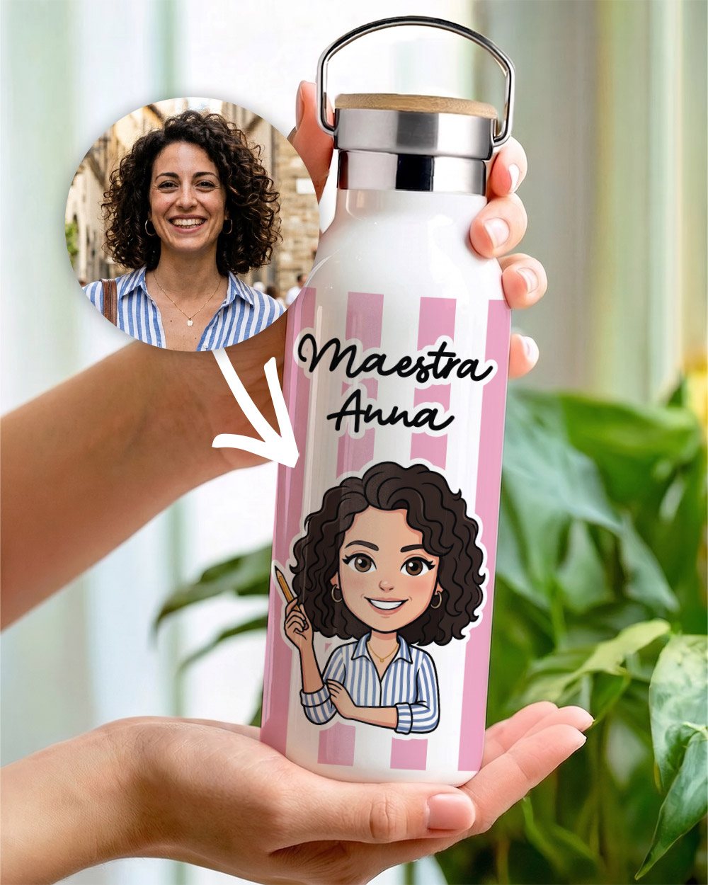 borraccia termica acciaio inox doppia parete maestra avatar personalizzato sfondo rosa verde azzurro