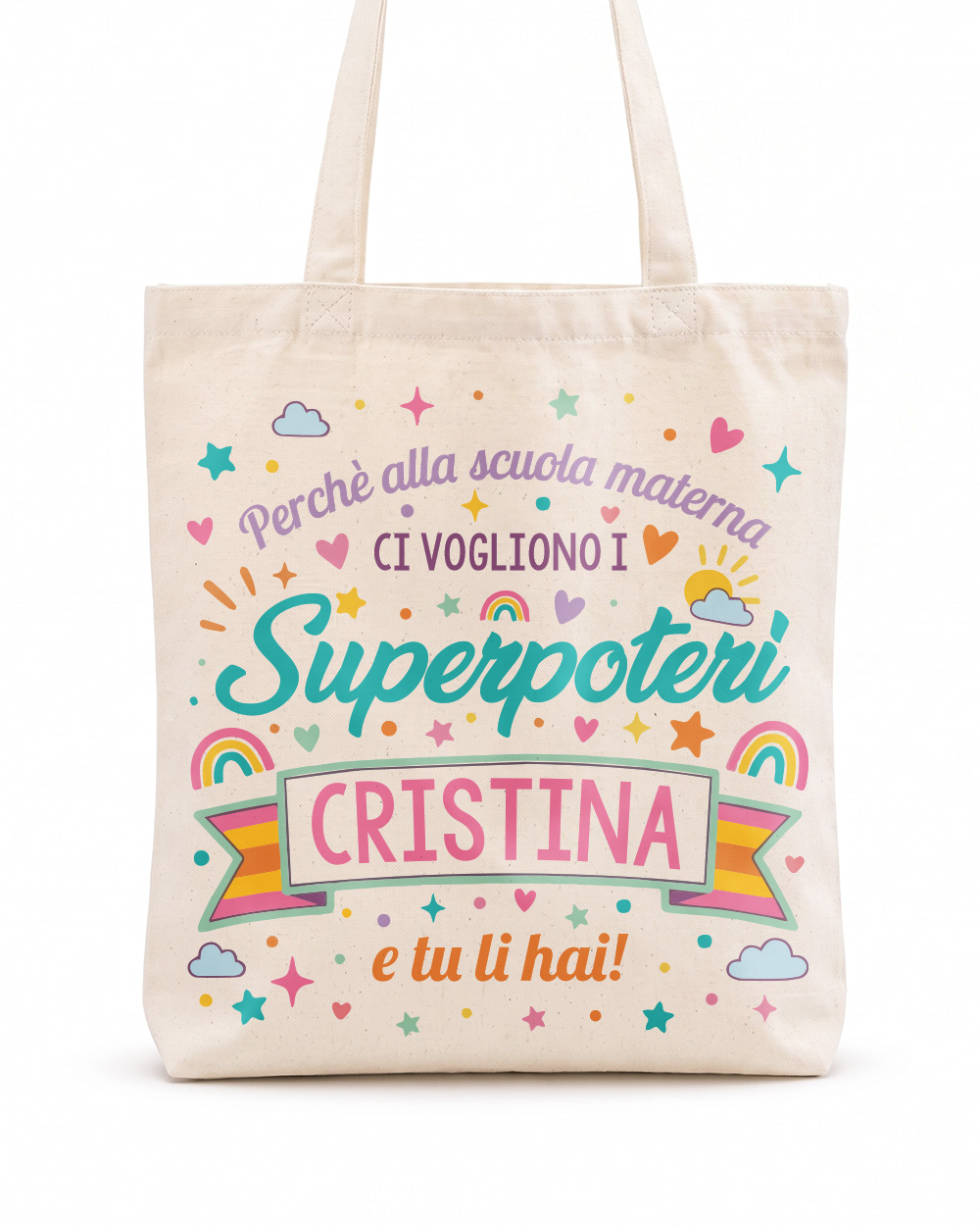 Borsa shopper personalizzata per maestra dell'asilo con nome e scritta Superpoteri, idea regalo fine anno scuola materna