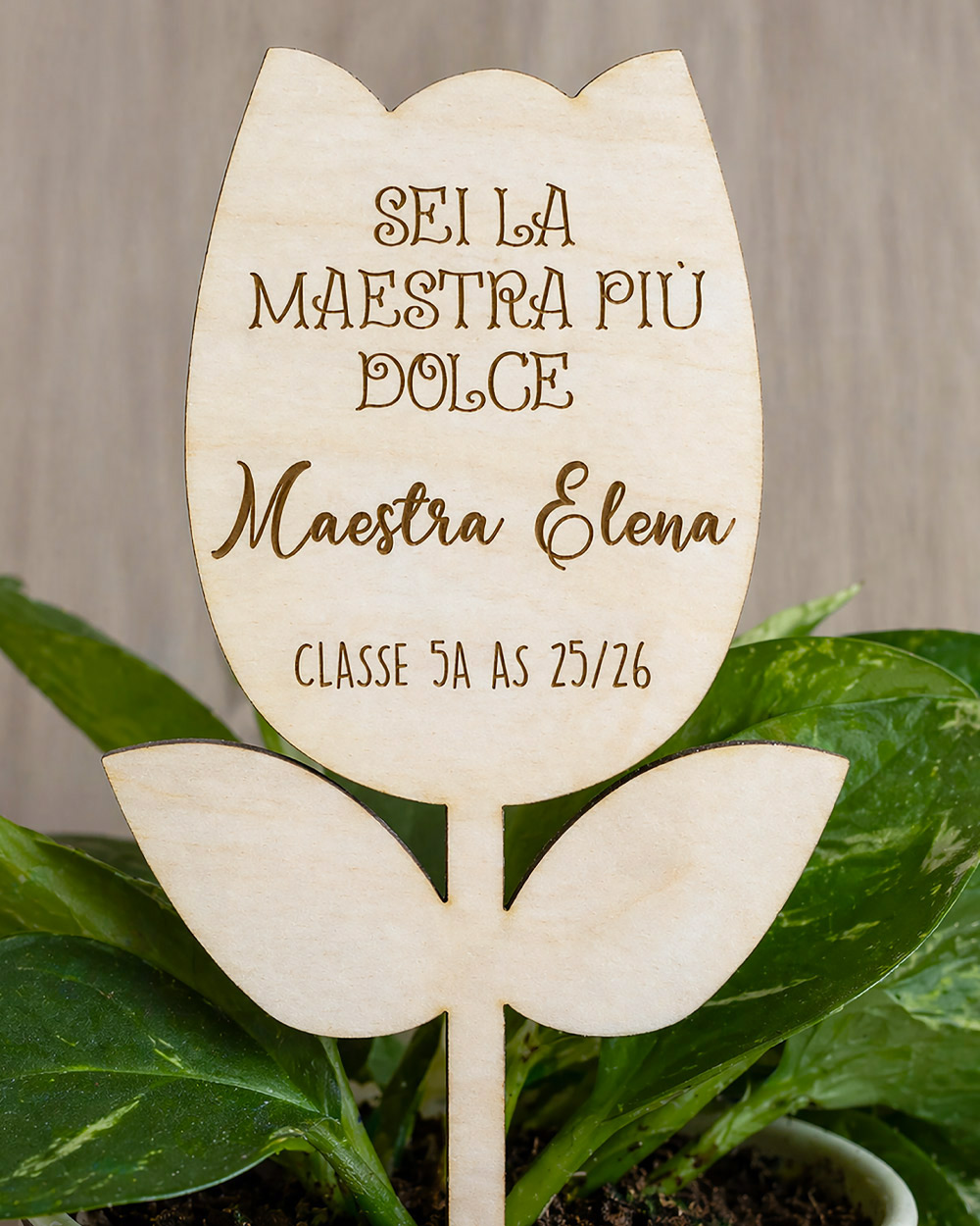 Decorazione per pianta in legno personalizzata con dedica per la maestra del cuore