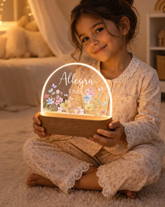 Lampada a LED in Plexiglass Personalizzata con Nome, Data e Fiori – Idea Regalo Nascita, Battesimo, Compleanno Bambina