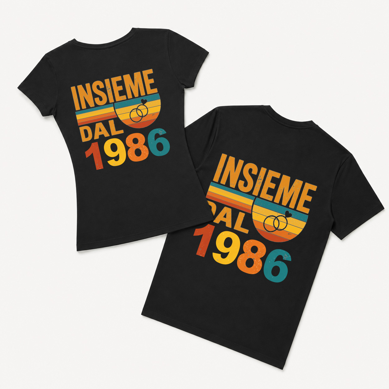 T-shirt di coppia nere con stampa vintage Insieme dal e fedi intrecciate