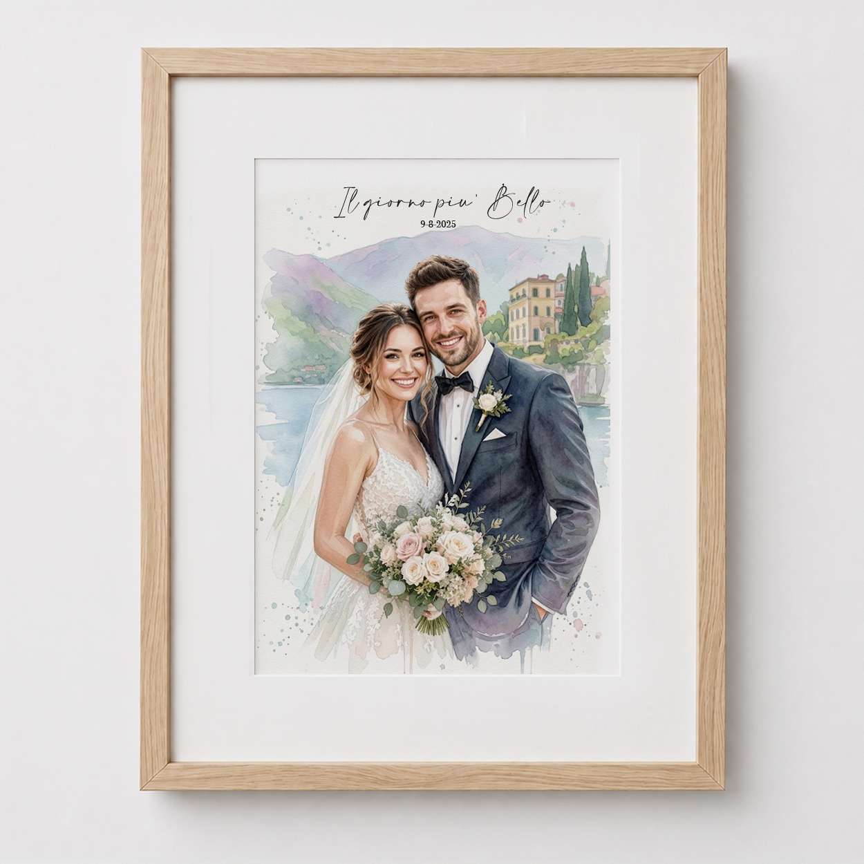 Ritratto matrimonio acquerello da foto classico sposi personalizzato con nomi e data