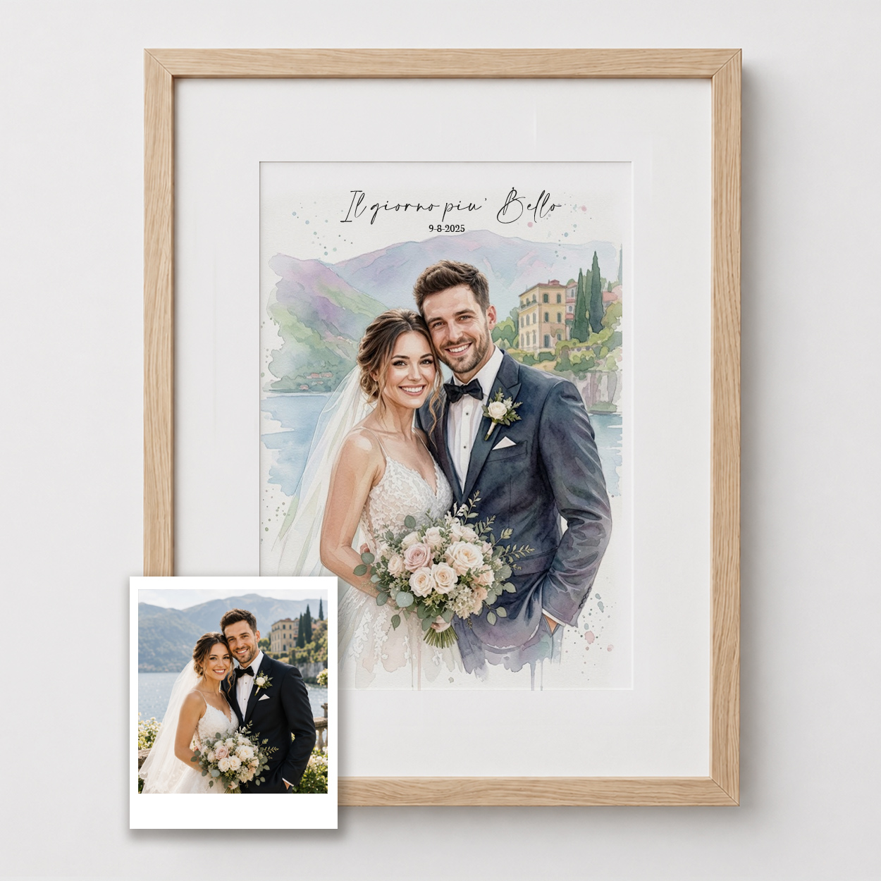 Ritratto di matrimonio in acquerello realizzato dalla foto originale, confronto prima e dopo