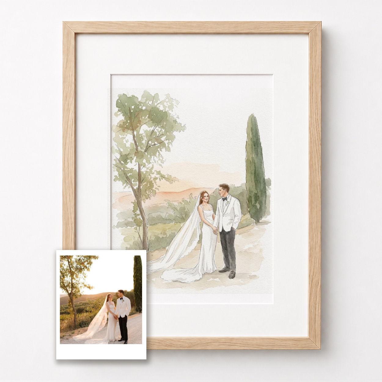 Ritratto acquerello matrimonio personalizzato dalla foto stampato e incorniciato
