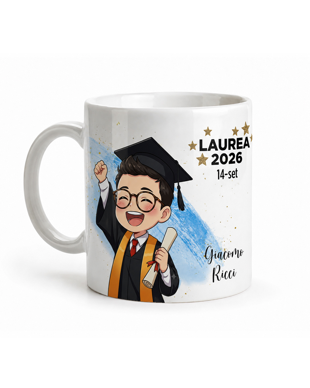 Tazza laurea personalizzata con avatar cartoon di un neo laureato con occhiali, regalo laurea uomo