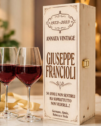 Cassettina Porta Vino in Legno Incisa e Personalizzata con Nome, Anni e Dedica - Idea Regalo Compleanno Importante, 50, 40, 30 Anni