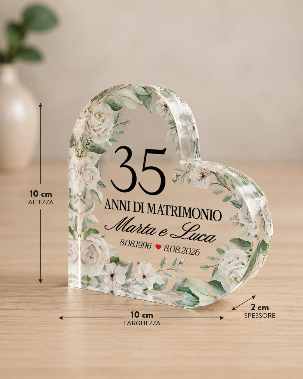 Cuore in plexiglass anniversario dimensioni 10x10x2 cm regalo personalizzato matrimonio