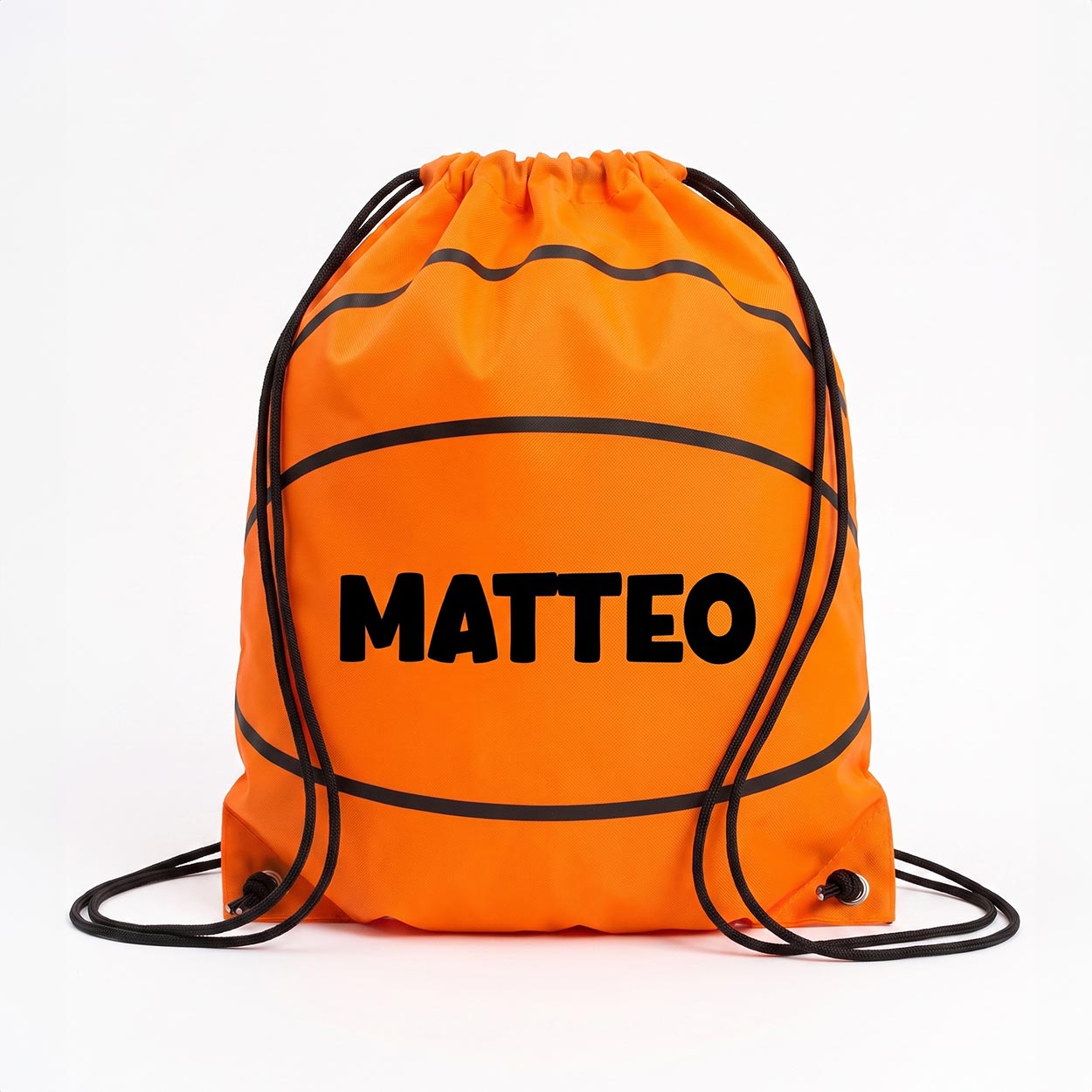 Sacca personalizzata con nome a forma di pallone da basket arancione per bambini