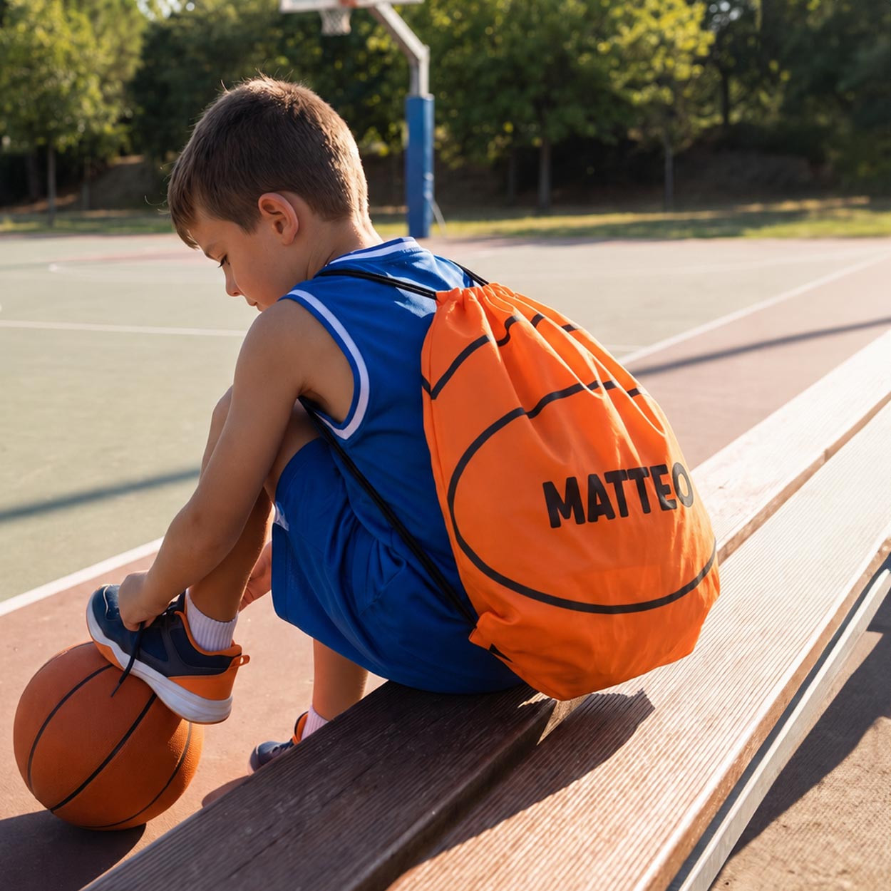 Anteprima personalizzazione nome sulla sacca pallone da basket per bambini