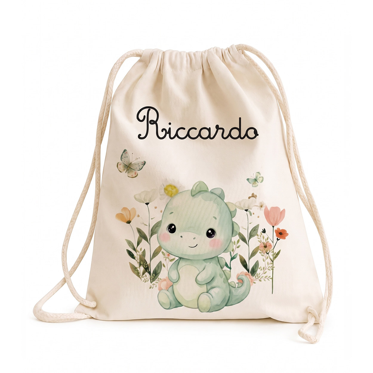 Sacca asilo personalizzata con nome e dinosauro – idea regalo bambini per scuola e ritorno a scuola