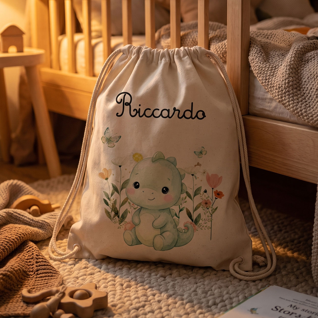Regalo personalizzato per bambini – sacca asilo e scuola materna con nome e dinosauro