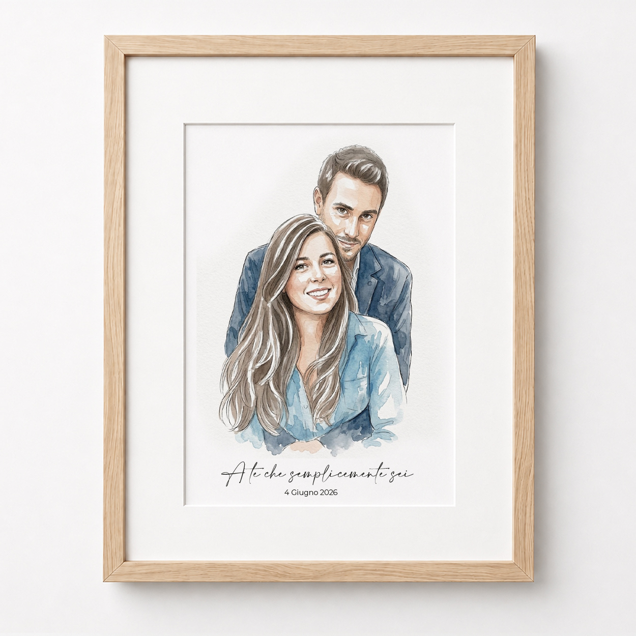 Ritratto acquerello a linea sottile personalizzato di coppia con dedica su sfondo bianco – idea regalo anniversario e San Valentino