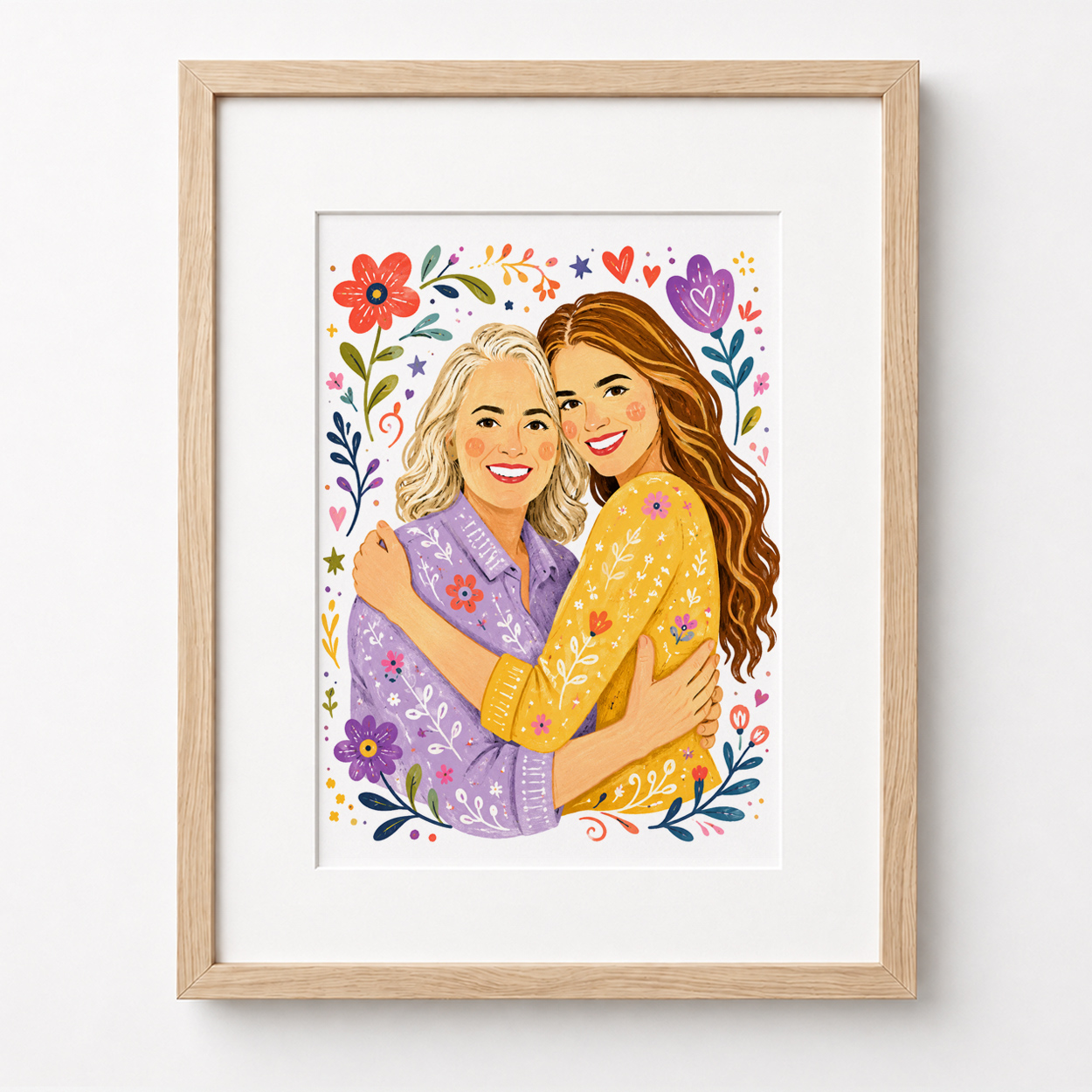Ritratto pop personalizzato dalla foto di mamma e figlia, illustrazione colorata con fiori e cuori, incorniciata