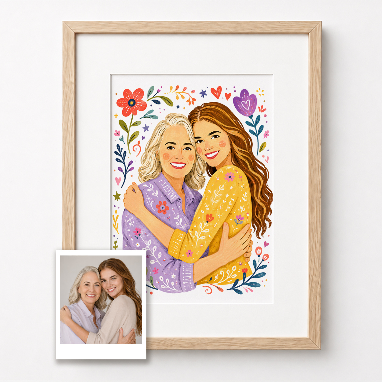 Ritratto pop da foto regalo mamma con foto originale a confronto, illustrazione floreale personalizzata incorniciata