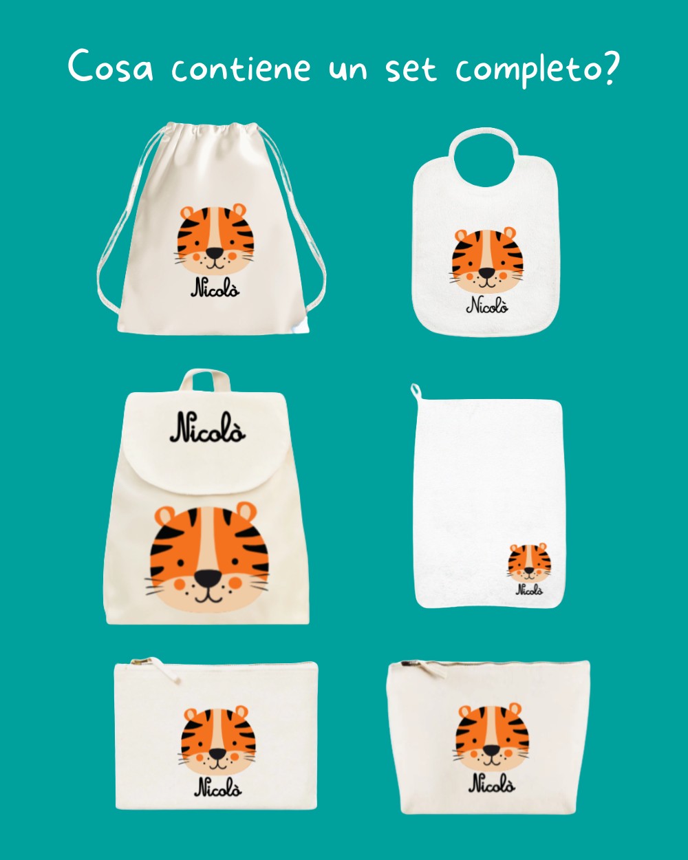 set asilo personalizzato: pochette, bavaglino, sacca e zainetto con nome del bambino