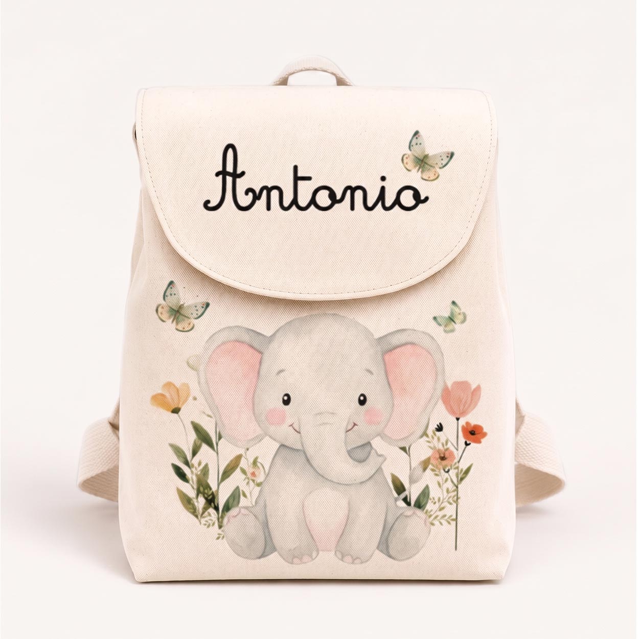 Bambino con zaino personalizzato con nome ed elefante per asilo e scuola materna