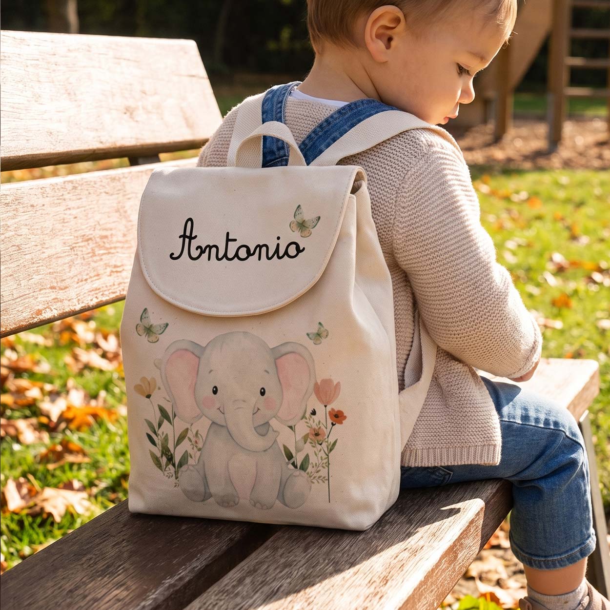 Zaino per asilo personalizzato con nome ed elefante per bambini e bambine
