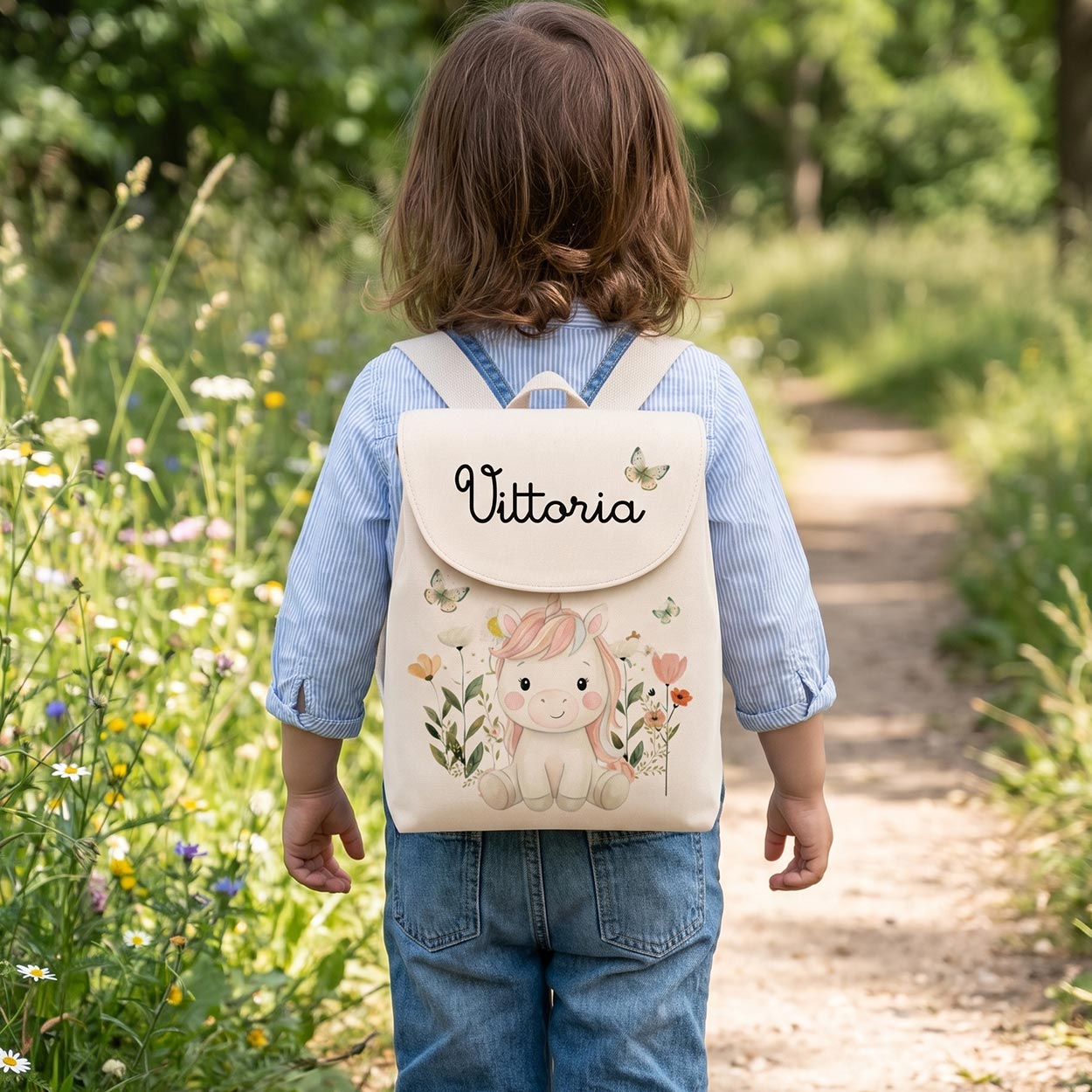 Dettaglio del nome e dell'unicorno stampati sullo zainetto personalizzato per bambina