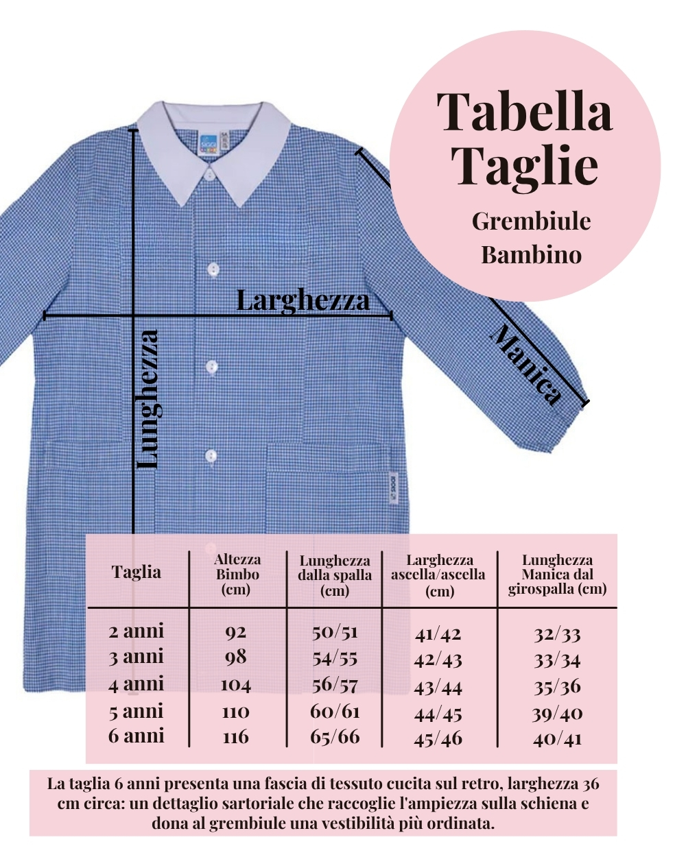 Tabella taglie grembiule asilo blu a quadretti dai 2 ai 6 anni