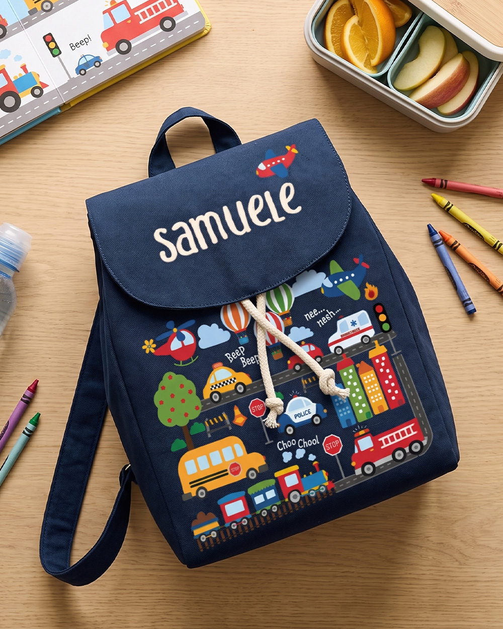 Idea regalo bambini zainetto asilo personalizzato con nome tema mezzi di trasporto