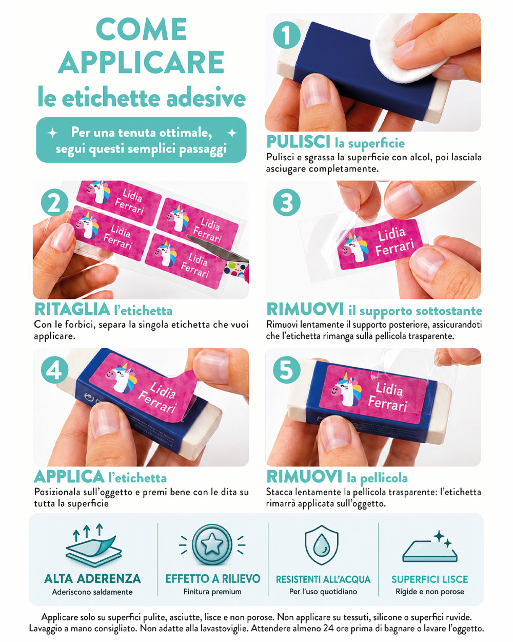 Istruzioni illustrate per applicare le etichette adesive personalizzate su matite e oggetti scolastici