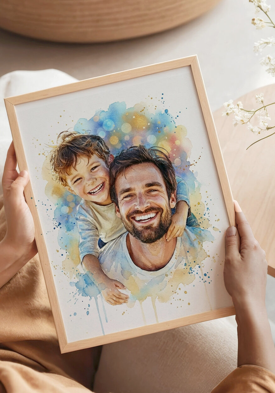 RITRATTO-acquerello-da-foto-personalizzato-papa-figlioe