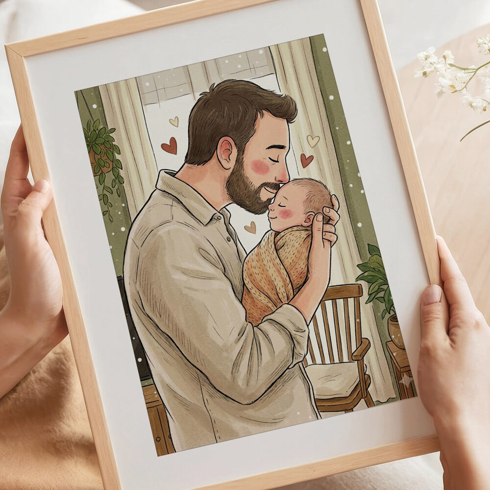 RITRATTO Illustrazione Papa Figlio Neonato Romantica3